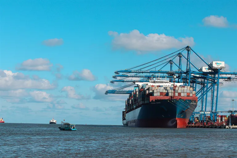 Tàu container cập cầu cảng quốc tế Hải Phòng, phía sau là các cần cẩu giàn.